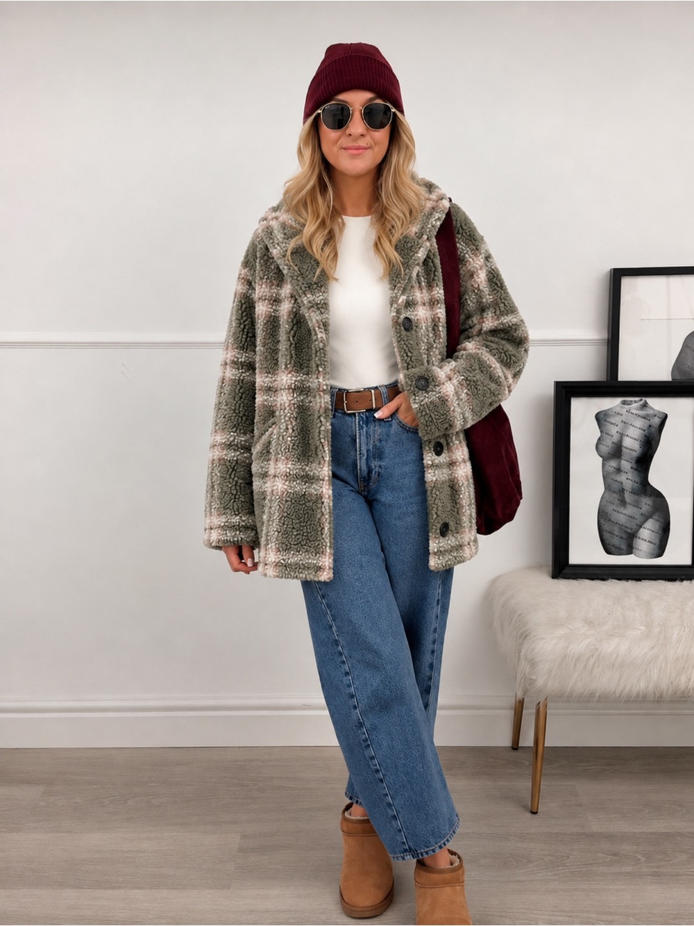 Centigrade Reversible Plaid Sherpa Teddy Coat Olive Green Pink Jacket Cozy